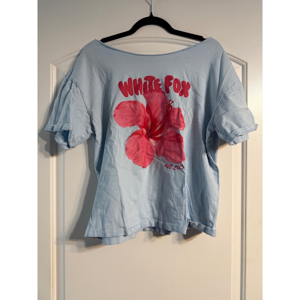 White Fox Graphic T-Shirt OS Blue Hibiscus Floral Oversized Tee Tropical Pastel
